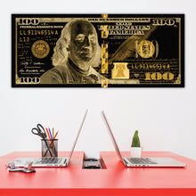 Load image into Gallery viewer, $100 Bill Black &amp; Gold Money Art Print
