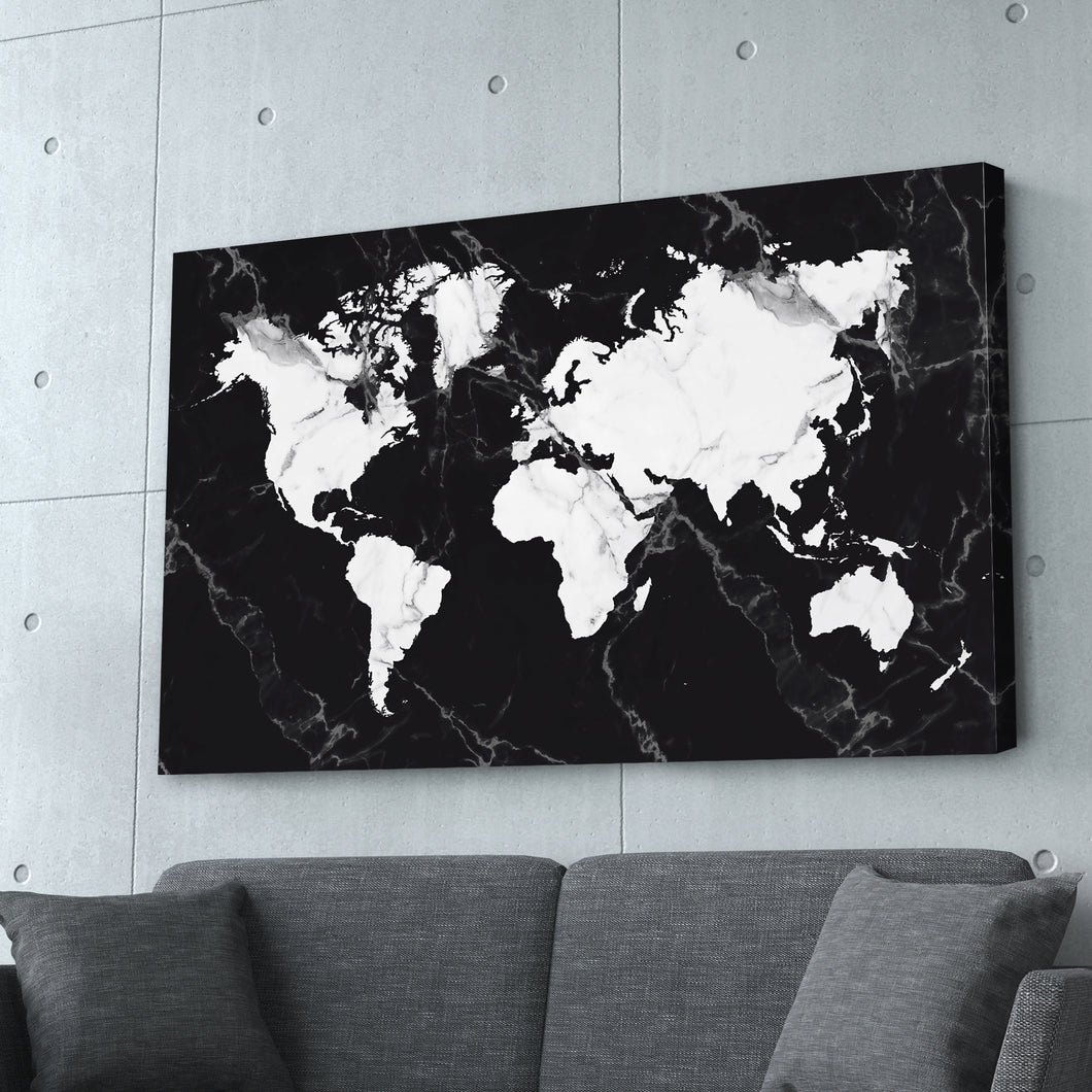 World Map Black & White Marble Print