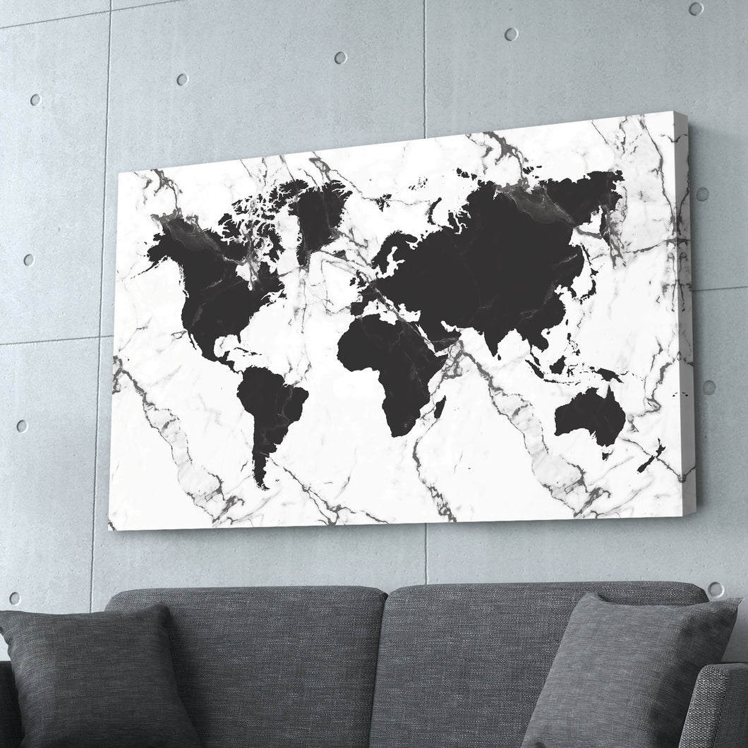World Map Black & White Marble Print
