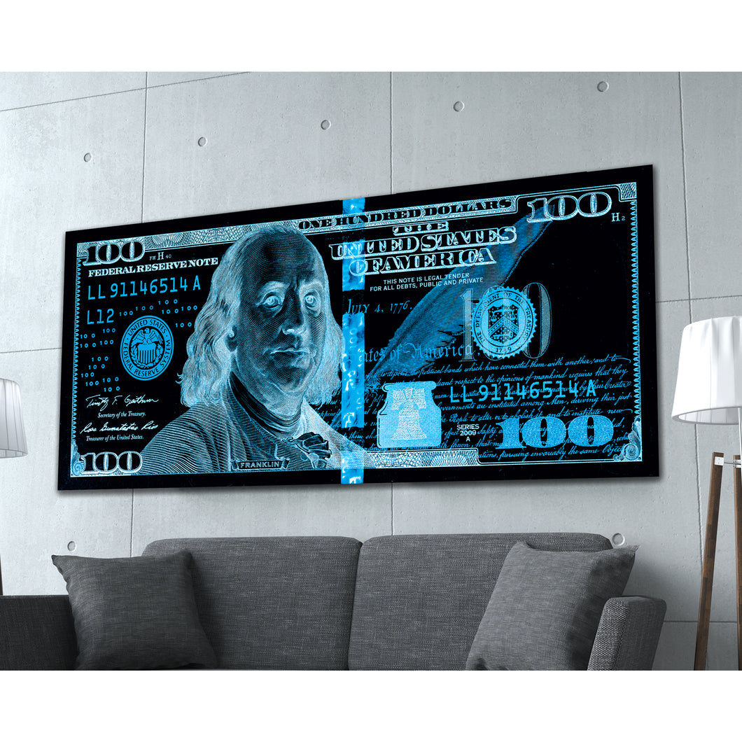 $100 Bill Black & Blue Money Art Print