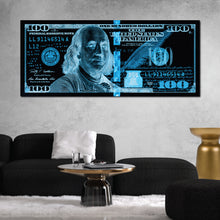 Load image into Gallery viewer, $100 Bill Black &amp; Blue Money Art Print
